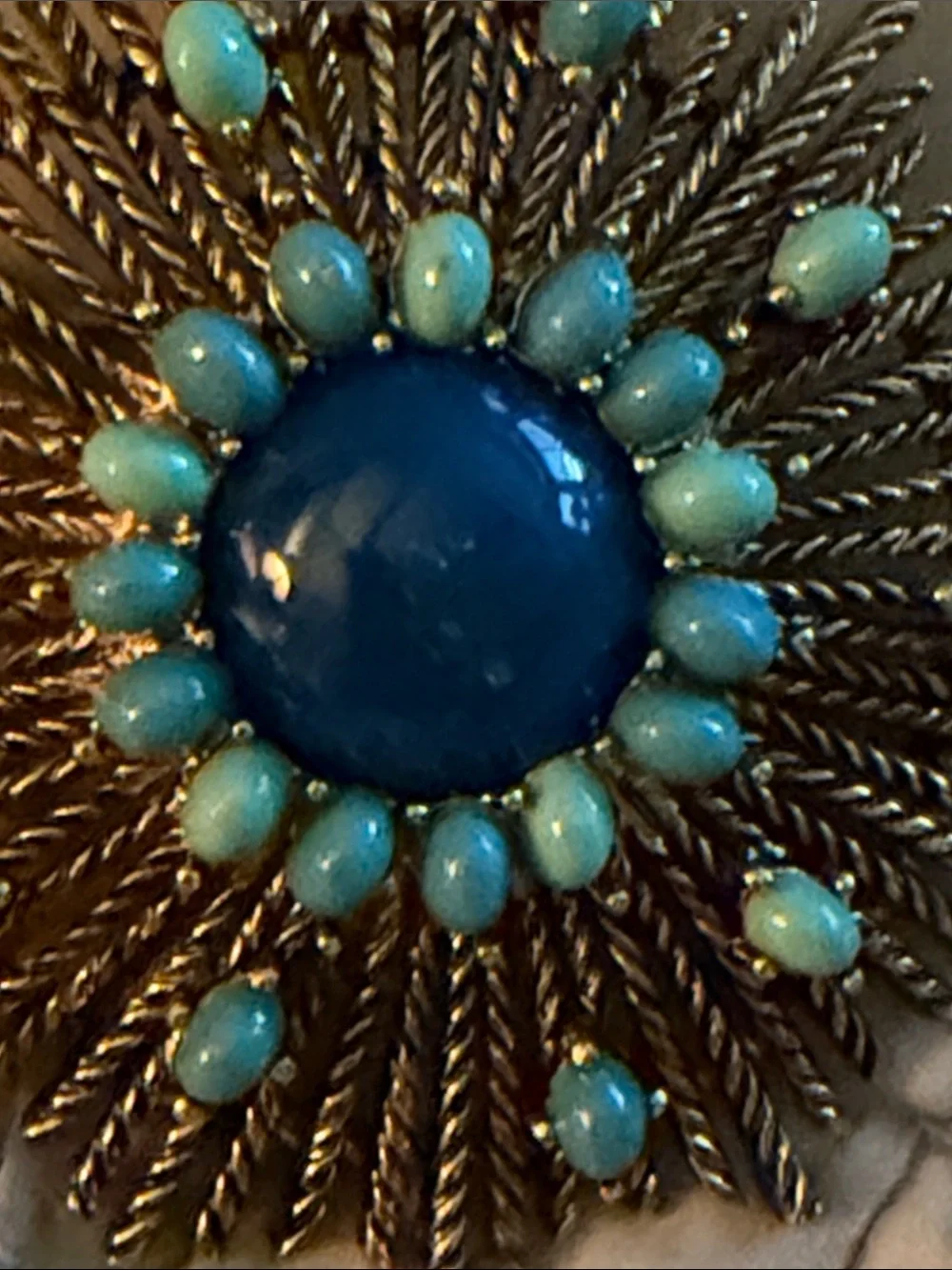 Large sunburst brooch lapis crystal and turquoise colored cabochon stones brooch